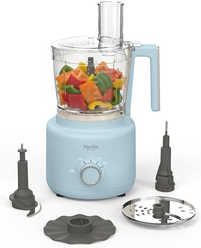 Martha Stewart 10 Cup Food Processor & Electric Chopper, One Touch Pulse | BPA-Free Bowl, 3 Multipurpose Blades, Easy Food Prep, Chop, Slice, Shred, Puree, Emulsify, Speed Dial, Wide Feed Chute, Blue