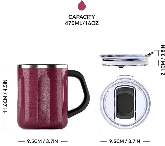Ideus 16 oz Insulated Coffee Mug with Handle and Lid, Double Wall Stainless Steel Vacuum Thermal Coffee Mug, Travel Coffee Cup Thermal Cup for Home and Office, Burgundy-FUJI FLOW