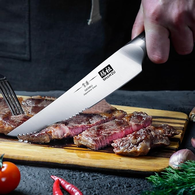 SHAN ZU 6 Pc Steak Knife Set, 4.5 In High Carbon Japanese Super Steel | Ultra Sharp Kitchen Steak Knife with K133 Ergonomic Handle, Black Tortoise Genbu Series