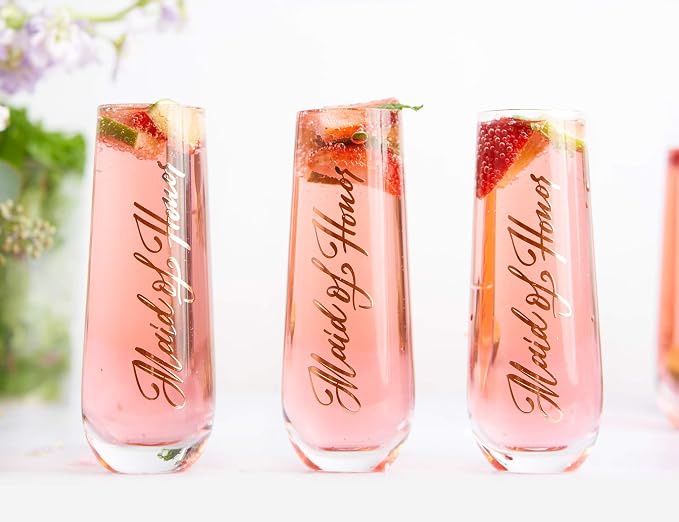 Bridesmaid Wine Glasses, Kook Bachelorette Party Champagne Glasses, 9.4 Oz (Bridal Set of 8), Stemless Glass Champagne Flutes, Cocktail Cups for Rose, Great for Weddings and Parties, Dishwasher Safe