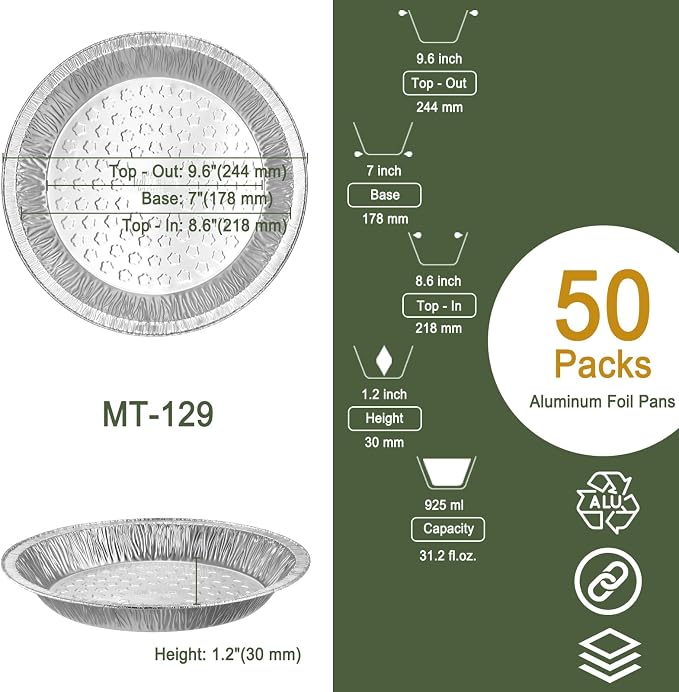 9 Inch Aluminum Foil Pie Pans, 50 Pack | Heavy Duty Foil, Oven and Freezer Safe, Ideal for Pie Baking, Bake Sales and Catering
