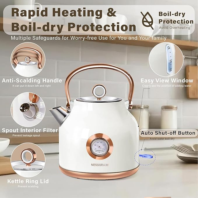 Retro Electric Kettle, 1.7L Stainless Steel Tea Kettle with Large Temperature Gauge, 1500W Fast Heating Hot Water Boiler with LED Indicator, Auto Shut-off & Boil-Dry Protection-Reteo White