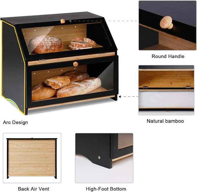 HOMEKOKO Double Layer Wooden Bread Box, Keep Bread Fresh Longer, Black | Keeps Bread Fresh 3-4 Days, Large Capacity Fits 2+ Loaves, Suitable For Home Kitchen Food Storage Use, See-Through Window