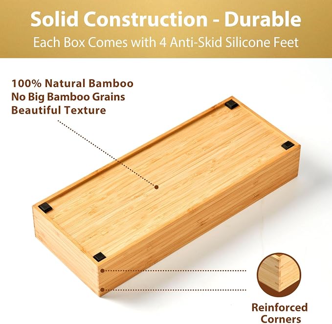 Bamboo Kitchen Drawer Organizer, Extra High Silverware Tray, Flatware Cutlery Storage Box, Multi-Use Holder in Office, Bathroom, Pantry - 12"x3"x2.5" (Set of 2)