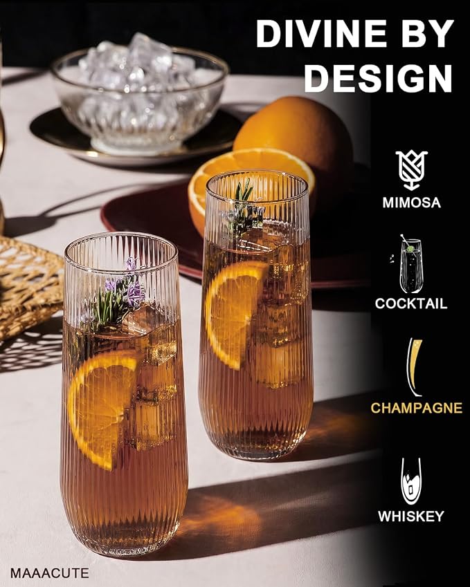 24 Pack Plastic Champagne Flutes, 9 Oz Disposable Wine Mimosa Glasses | Ribbed Stemless Champagne Flutes Cocktail Glasses, Plastic Cups for Bridal Shower Bachelorette Party Mimosa Bar