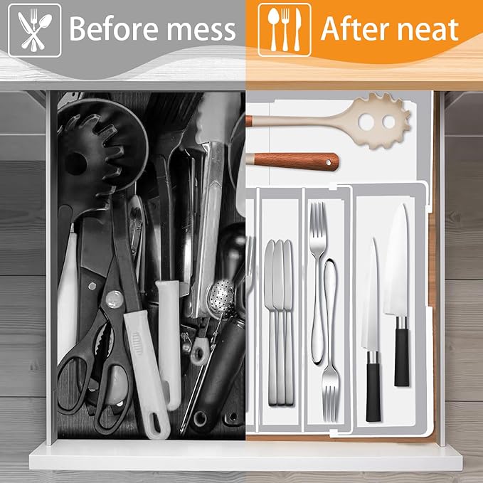 Silverware Drawer Organizer - Expandable Drawer Organizer for Kitchen, Utensil Holder BPA Free Flatware and Cutlery Tray for Spoons Forks Knives, Plastic Kitchen Organizer and Storage, White