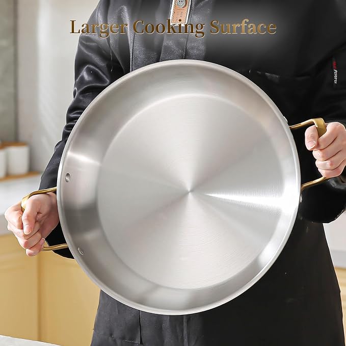 DELARLO Paella Pan With Lid, 14 Inch, Tri-Ply Stainless Steel Large Skillet, Everyday Pan, Fast & Even Heating Induction Cooking Pan, Dishwasher and Oven Safe, Heavy Duty Style