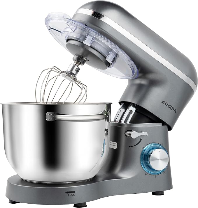 Aucma Stand Mixer,6.5-QT 660W 6-Speed Tilt-Head Food Mixer, Kitchen Electric Mixer with Dough Hook, Wire Whip & Beater (Gray, 6.5QT)