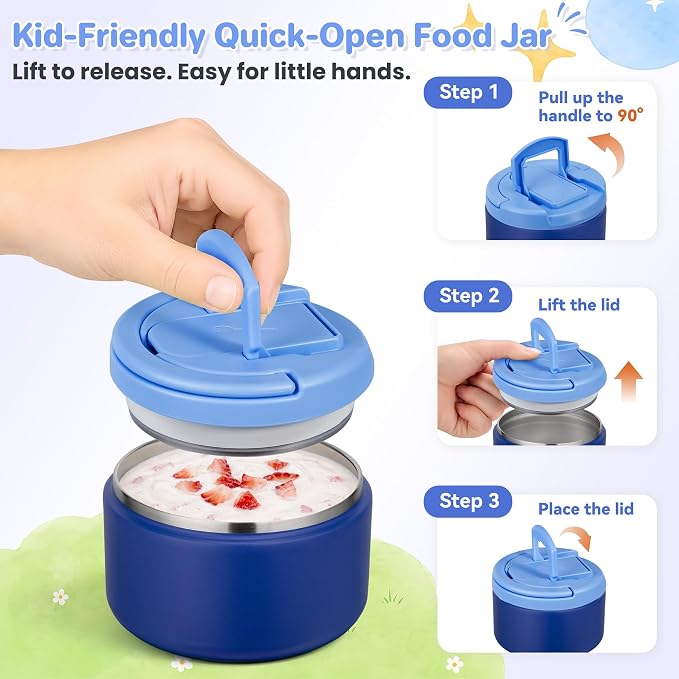 Bento Lunch Box for Kids with 8oz Soup Thermo,Kids Leakproof Lunch Food Containers with 4 Compartment,Kid Insulated Thermo Hot Food Jar for School,Trvael-Blue