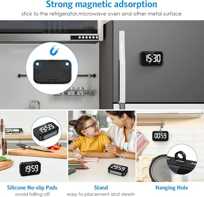 Digital Kitchen Timer, Large LED Display Count Up Countdown | Magnetic Classroom Timer, 3 Volume Levels, Visual Timer for Cooking/Office/Kids/Work/Study, Black (Battery Included)
