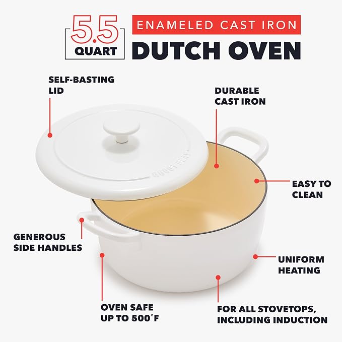 GreenPan x Bobby Flay 5.5QT Enameled Cast Iron Dutch Oven With Lid, White | Casserole Pot for Braising, Stews, Bread Baking & Searing, Self-Basting Lid, Induction Ready, Oven Safe To 500