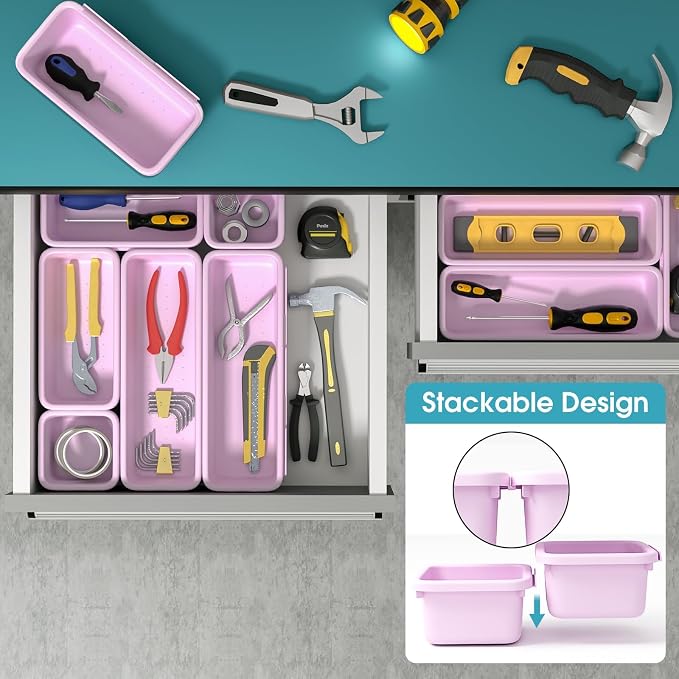 6 PCS Drawer Organizer Set, 3 Size Makeup Drawer Divider Organizer With Non-Slip Pads, Interlocking Plastic Storage Bins for Office,Jewelry Vanity,Gadgets, Bathroom,Kitchen, Purple
