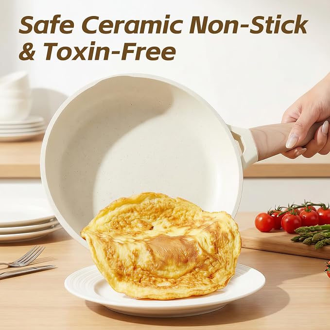 UESLUCK 10 Inch Creamic Non Stick Frying Pan With Lid- Large Creamic Skillet With lid, Omlet Pan Non Stick With Cool-Touch Handle, PFAS & PTFE Free, Compatible with All Stovetops