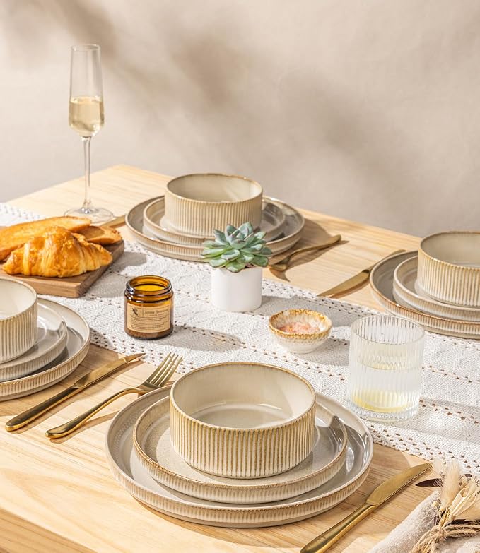 GBHOME Stoneware Dinnerware Sets for 4, 12 Pieces Plates and Bowls Set | Lightweight Ceramic Ribbed Dishes,Reactive Glaze Stackable Plate Set,Scratch Resistant,Microwave & Dishwasher Safe,Cappuccino