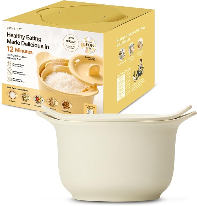 100% Platinum Silicone Low Carb Rice Cooker, 2-3 Cups Uncooked Rice, Microwave Rice Cooker with Steamer Tray, Self-Basting Lid for Everyday Meals, Cream White