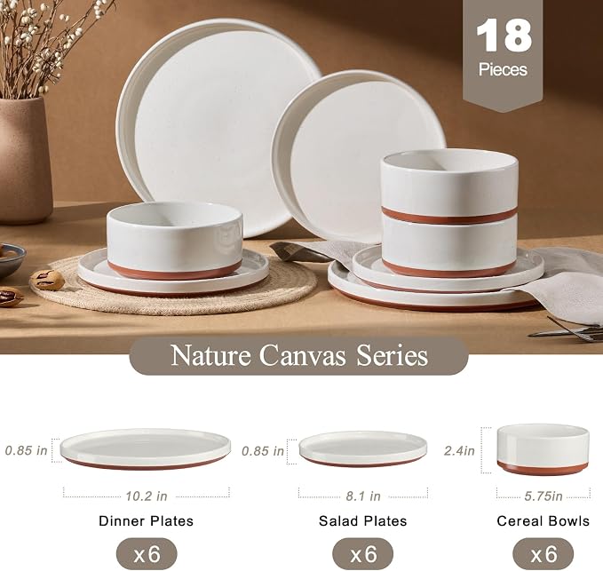 LIANYU Stoneware Dinnerware Set Service for 6, 18 PCS Plates and Bowls Set | Handmade Ceramic Dish Set, Highly Chip and Crack Resistant Modern Plate Set, Cloud White