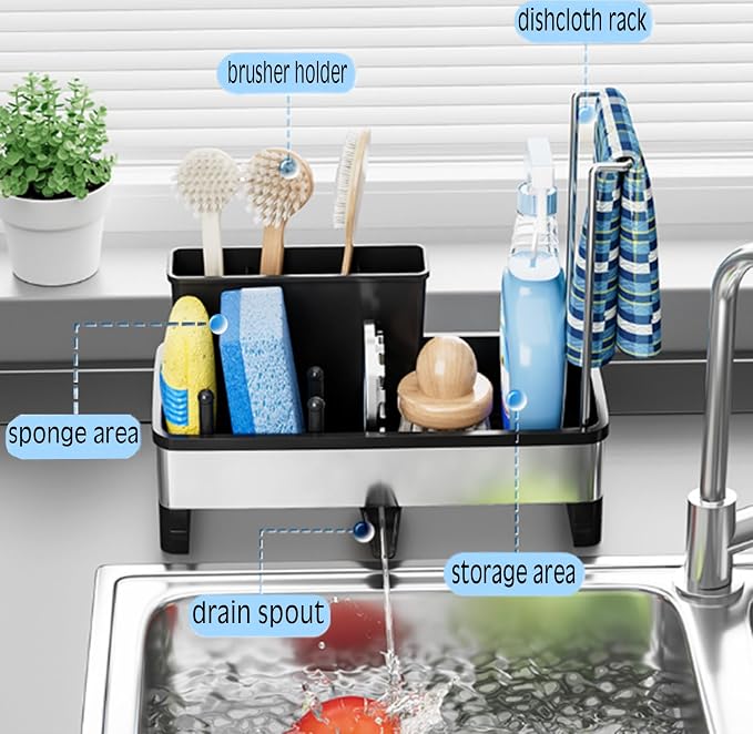 Stainless Steel Sink Caddy Sponge Holder for Kitchen Sink 9.8″ | with Auto-Drain, with Removable Brush Holder & Towel Rack, Rustproof Sink Organizer for Countertop, Kitchen Accessories