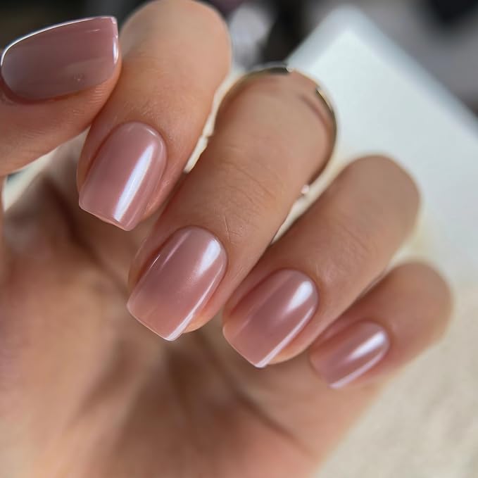 CurvLife Short Square Fall Press On Nails, Pink Pearl Clean Girl, Acrylic | 32PCS, 16 Sizes, Salon-Quality Natural Fake Nails, Curved Fit, 7-14 Day Glue-On Wear, Reusable Stick-On Nails, Press-On Kit