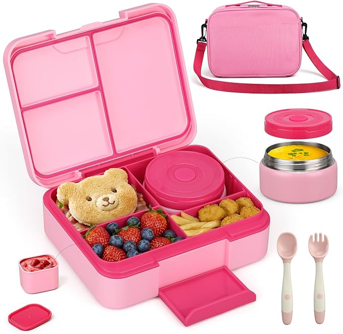 WyfKyd Bento Lunch Box Set with Soup Thermo Food Container for Kids Adults | Bento Box Set with 9.5oz Soup Thermo Kids Leak-proof Lunch Box Container with Insulated Hot Food Jar and Bag for School Pink