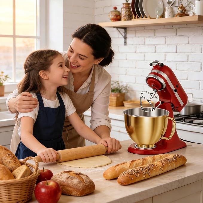 KITOART 5QT Stainless Steel Mixer Bowl with Handle for KitchenAid Gold | Mixer Bowl Compatible with KitchenAid 4.5-5 QT Artisan Tilt-Head Stand Mixers, Dishwasher Safe, Check Verified Fit Chart.