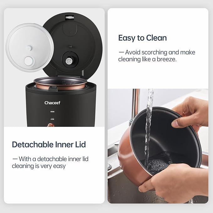 CHACEEF Rice Cooker 2 Cups Uncooked, 1.2L Portable Rice Cooker Small, Black | Non-Stick Pot, Auto Keep Warm, for White & Brown Rice & Oatmeal, Portable for Travel, Dorm & Office, Compact & Easy to Store