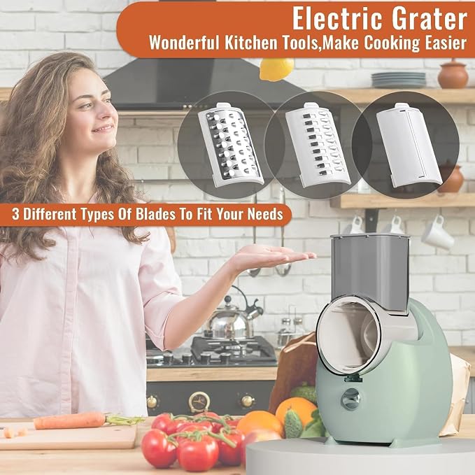 Electric Cheese Grater for Block Cheese,Home Kitchen Electric Grater | 3 Interchangeable Blades,One-Touch Control,Safety Push Bar,Salad Shooter Electric Slicer & Shredder for Veggies Fruits Nuts