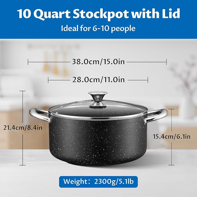 BEZIA 10 Quart Nonstick Stock Pot with Lid, Large Induction Cooking Pot | Oven & Dishwasher Safe, Works on All Stoves, for Hosting Holiday Gatherings, Blanching Bulk Veggies, Multi-portion Curries