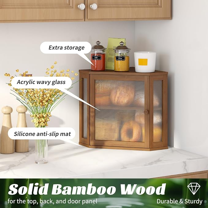 Corner Bread Box, Bamboo Bread Box for Kitchen Countertop, 2 Tier Wooden Bread Storage, Brown