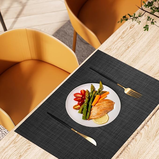 AUAUY Placemats Set of 6 Washable, Non-Slip Heat Resistant Table Mat, Black | 6pcs PVC Vinyl Woven Table Placemats Wipeable for Kitchen Dinning Restaurant, Farmhouse