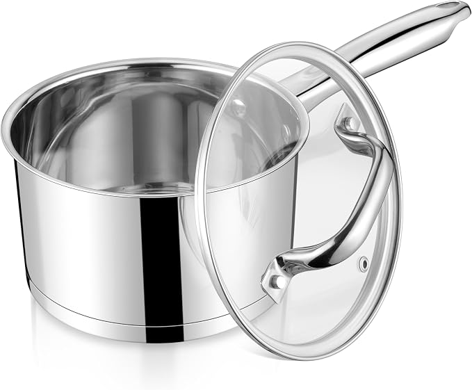LIANYU Stainless Steel Saucepan with Lid, 2 Quart Sauce Pan Cooking Pot | Small Tri-Ply Bottom Multipurpose Sauce Pot, Dishwasher Safe, Compatible with All Stovetops