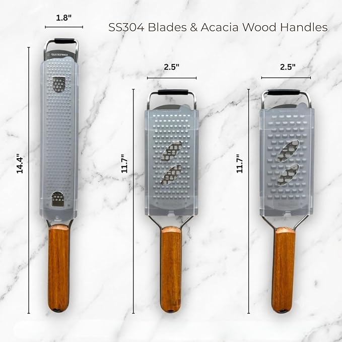 3-Piece Stainless Steel Cheese Grater & Zester Set w/Acacia Wood Handles – For Parmesan, Lemon Zest, Ginger, and Spices