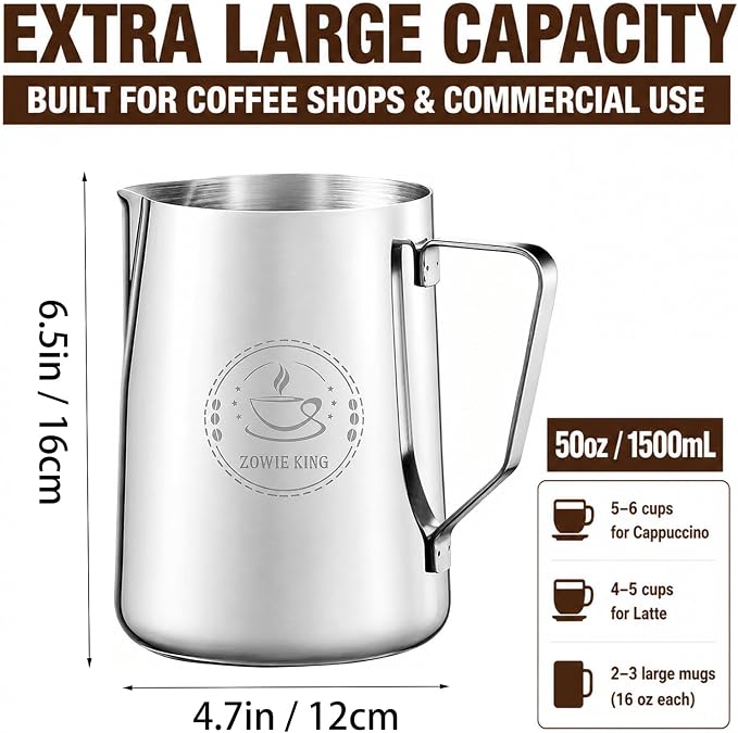 50oz Milk Frothing Pitcher, Stainless Steel Espresso Steamer Frother Cup | 1500ml extra large pitcher for cafes and commercial use, featuring clear measurements and precision spout for milk steaming