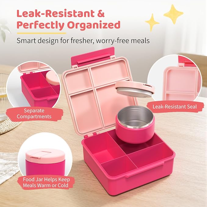 Pawtong Bento Lunch Box with 8oz Soup Thermo, Kids Leakproof Lunch Food Containers with 4 Compartment, Kids Thermo Insulated Hot Food Jar for School, Trvael - (Pink)