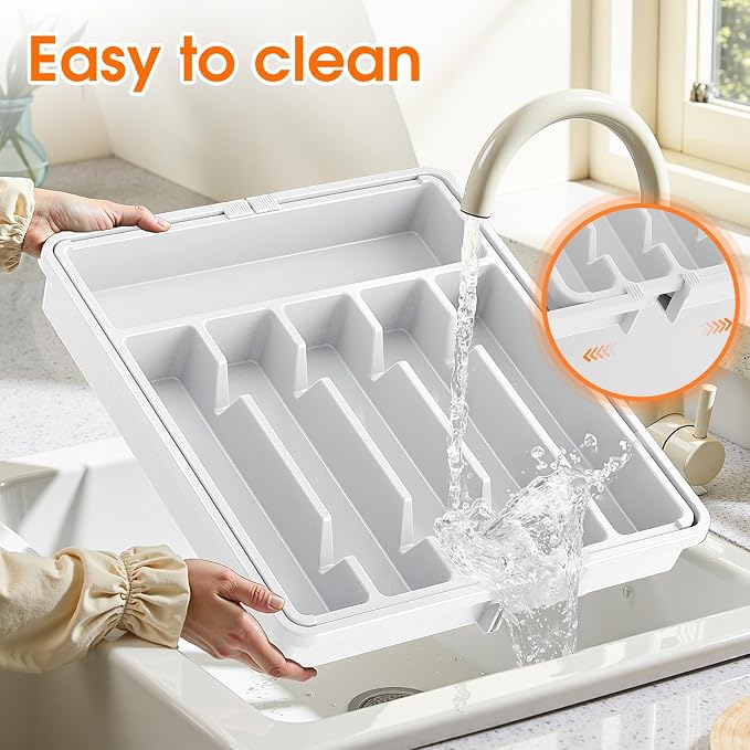 SpaceHacks Silverware Organizer，Adjustable & Expandable Drawer Organizer | Utensil Drawer Organizer, BPA Free Utensil Holder, Cutlery Tray for Forks, Spoons, Knives in Kitchen, Large, White