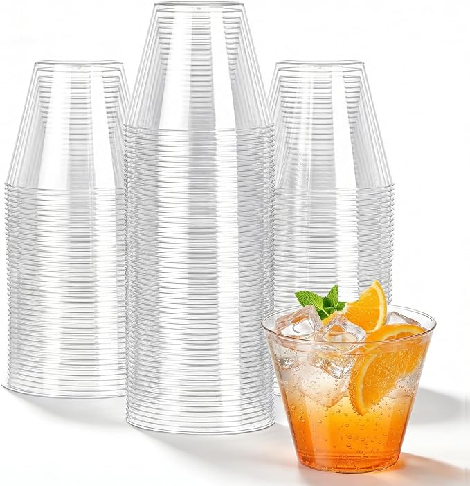 N9R 100 PCS 9 oz Clear Plastic Cups Disposable, Cocktail & Wine Glasses | Small Tumblers/Drinking Glasses, Heavy Duty, BPA-Free, for Parties, Weddings, Bars and Gatherings