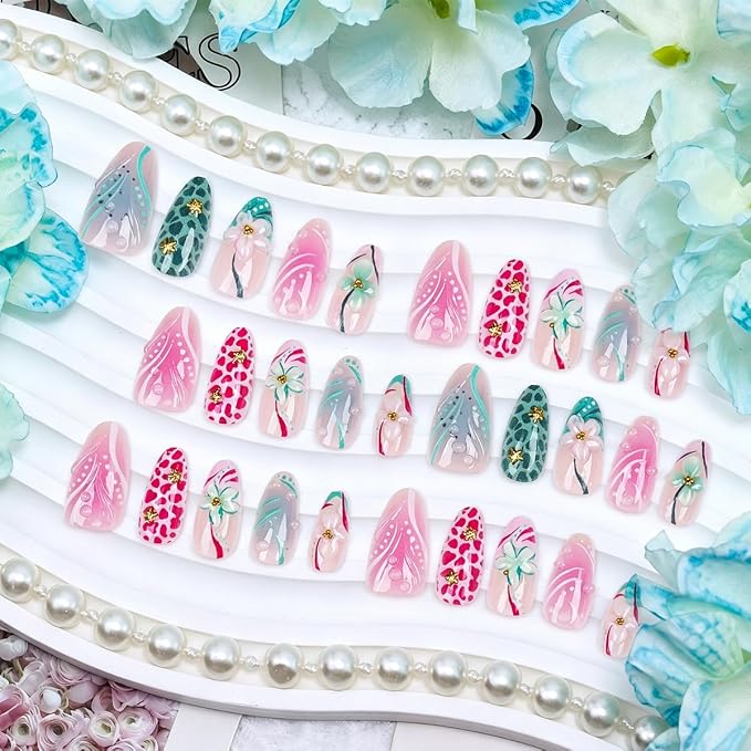 30Pcs Medium Press On Nails Almond Shape Pink Green Tropical Summer Fake Nails with Gold Starfish Pearl Design Beach False Nails 3D Floral Glue on Nails Reusable Acrylic Nails Press Ons for Women