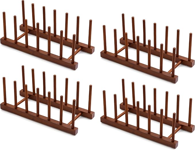 HBlife 4 Packs Teak Wooden Dish Drying Rack Kitchen Plate Organizer Holder | 6 Slots, Vertical Dish Racks for Cabinet Countertop & Wall, Plate Pot Lid Cutting Board Holder, Bowl Cup Drainer, Keep Dry