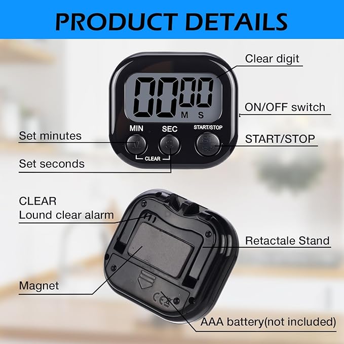 Leumoi 24 Pack Multi-Function Digital Timers with Magnetic Back, Large LCD Display, Loud Alarm, Count up & Countdown, Memory Function for Cooking, Classroom, Study, Exercise & Work(Black)