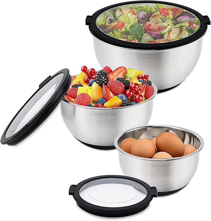 Mixing Bowls with Lids Set, Non Slip Silicone Bottom Stainless Steel Mixing Kitchen Bowls for Baking/Storage, Dishwasher Safe, 5/3/1.5QT | Non Slip Silicone Bottom, Dishwasher Safe, 5/3/1.5QT
