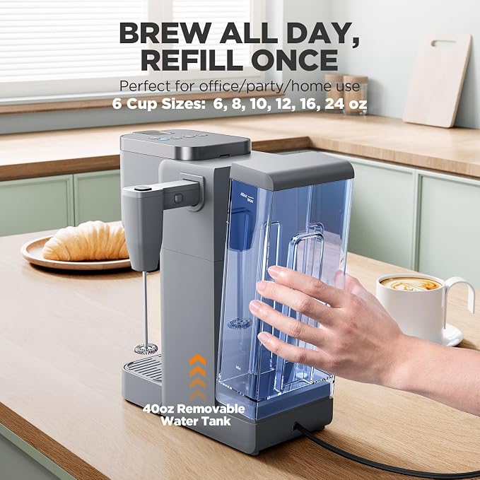 Tastyle Single Serve Coffee Maker with Built-in Detachable Milk Frother | For K Cups & Grounds, 40oz Removable Water Tank, 6 Brew Sizes, 2 Drip Trays, BPA Free, Fits 7.3" Travel Mug, K330MF, Gray