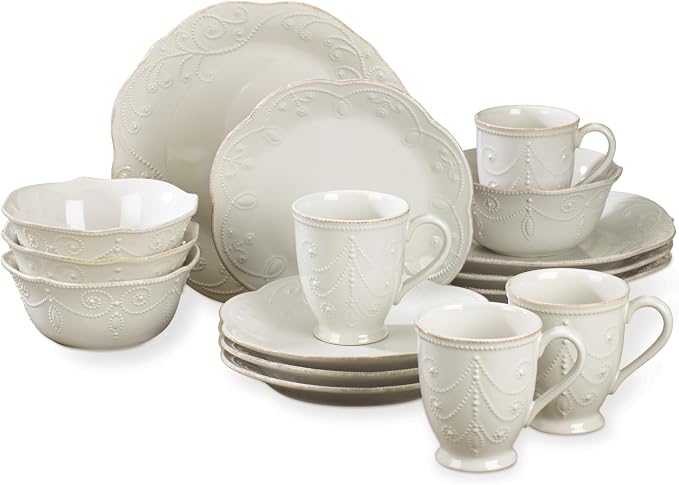 Lenox French Perle White Stoneware 16-Piece Dinnerware Set for 4 | dishwasher safe, microwave safe | plates and bowls sets for kitchen and dining, dish set, dishes, gift for women