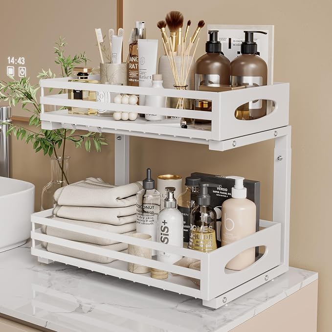 Under Sink Organizer, 2 Tier Under Sink Organizers and Storage, Adjustable Height, Slide out Metal Cabinet Organizers, Pull out Cabinet Storage Drawer Shelf for Kitchen Bathroom (White, 2 Pack)