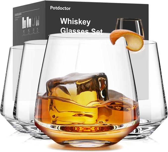 Whiskey Glasses Lead-Free Crystal Old Fashioned Glass Clear Set of 4 13.5oz | whiskey glasses with ergonomic curved shape, Holds ice balls，elegant gift choice for whiskey lovers