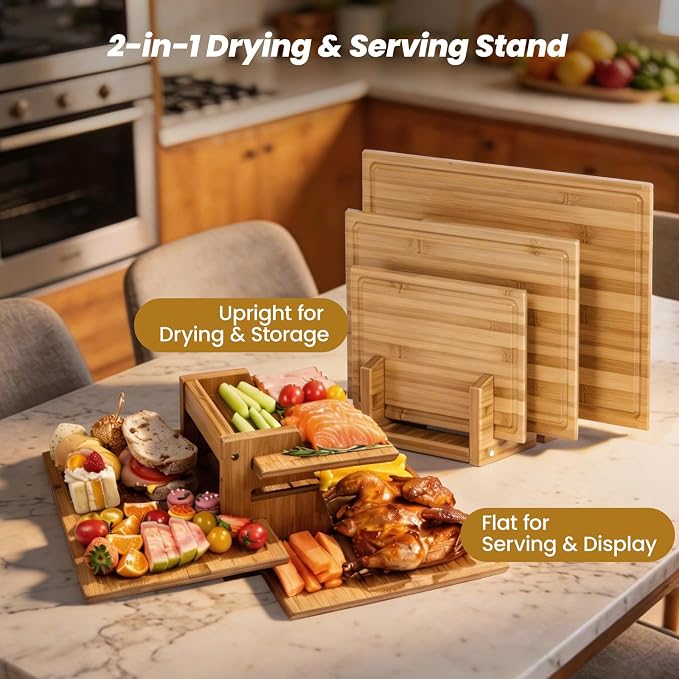 Bamboo Cutting Board for Kitchen, Double-Sided with Stand, Natural | 3-piece Chopping Board Set With Juice Grooves, Vertical Storage Rack, and Comfort Side Handles for Effortless Meal Prep