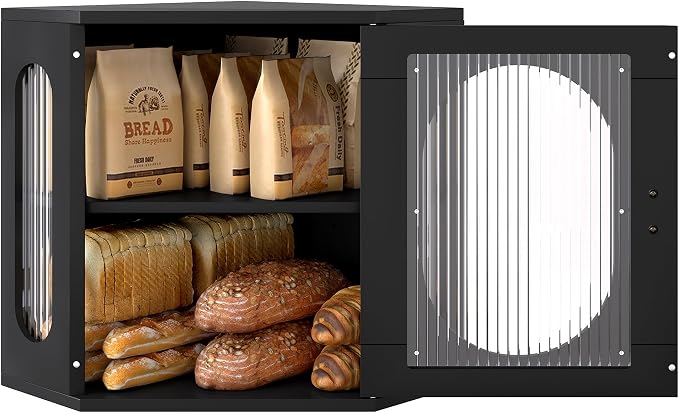 Alpeir Corner Bread Box for Kitchen Countertop, 3 Adjustable Height, Black | Solid Pine Wood, Hold 2 Loaves, Strong Acrylic Window, Easily Care, Farmhouse Pantry Container for Home Baker, Family of 4