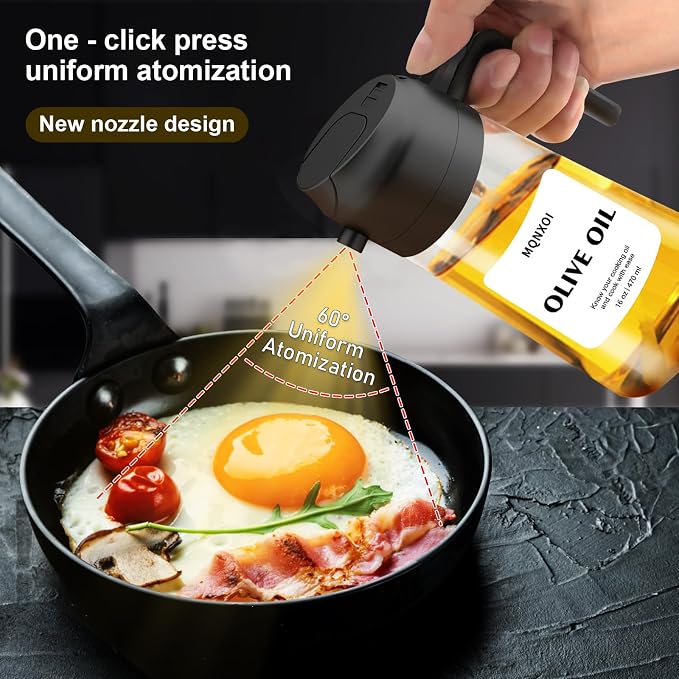 Olive Oil Sprayer for Cooking, 16oz Glass 2 in 1 Oil Dispenser Bottle | Light Blocking, BPA-Free Food Grade, Fine Mist Precise Control, Air Fryer BBQ Salad, Leakproof Anti-Clog, Pre-Printed Labels
