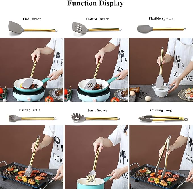 38 Piece Silicone kitchen Cooking Utensils Set with Utensil Rack, Silicone Head and Stainless Steel Handle Cookware, Kitchen Tools for Utensil Sets, Non-Stick kitchen Gadgets, Dishwasher Safe (Gold)