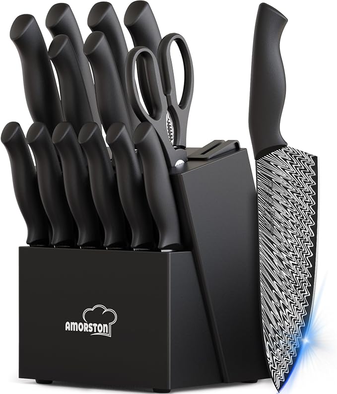 Knife Set, 15-Piece Kitchen Knife Set with Built-in Sharpener Block, German High-Carbon Stainless Steel, Dishwasher Safe, for Home Cooks and Everyday Meal Prep