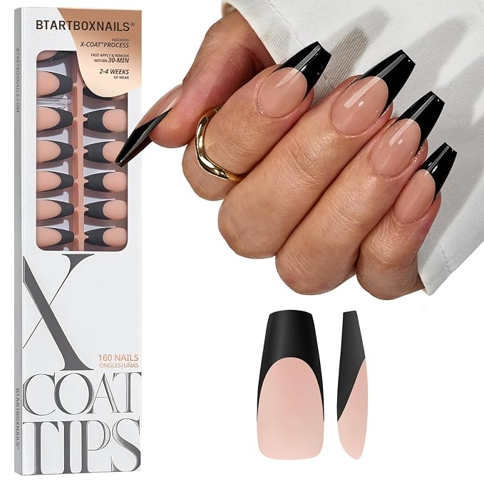 BTArtboxnails XCOATTIPS Black French Tip Press On Nails, L Coffin, Peach | Lamp-Curable, 4-Week Wear, Natural Nail Look, Salon Quality Value at Home, Easy-to-Apply for Beginners, 160ct Nail Tips Only