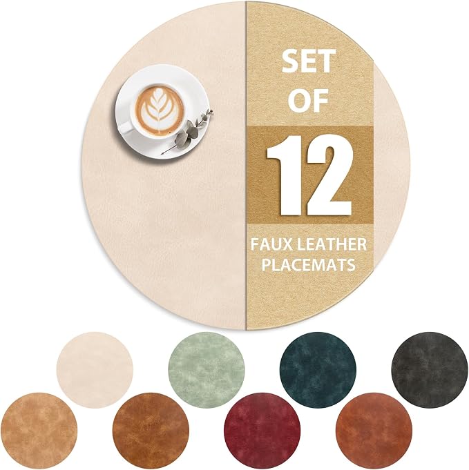 ADRIMER Placemats, Heat Resistant Round Placemats Set of 12 Washable, Waterproof Table Mats, Wipeable Faux Leather Place Mats for Kitchen, Dining Room, Beige